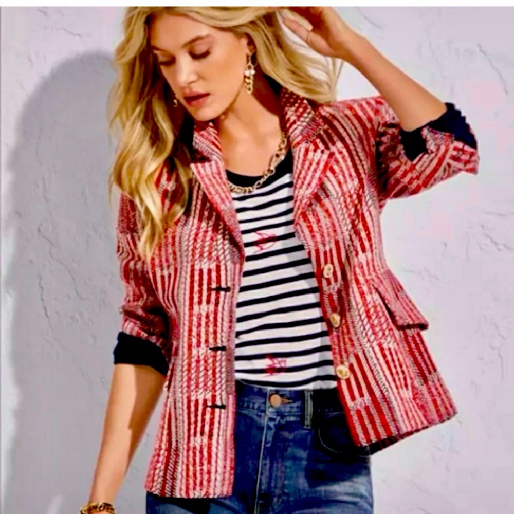 CAbi #6028 Patchwork Blazer Red and White Plaid Blazer XS NWOT